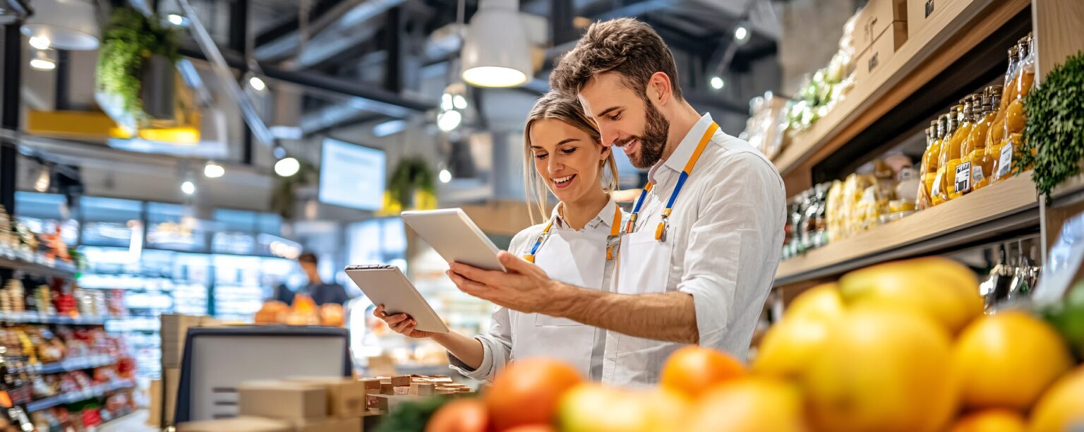 Les employés d'une épicerie utilisent une tablette pour vérifier les stocks
