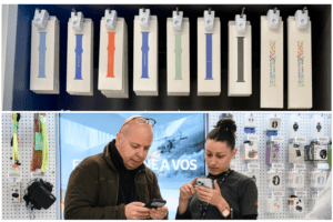Les marchandises suspendues sont exposées et sécurisées par StopLok par InVue Chez Claro, magasin de télécommunications.