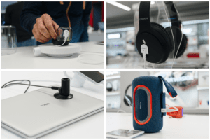 Casques audio, écouteurs, ordinateurs portables, petits appareils électroniques, haut-parleurs étant sécurisés et exposés par InVue 's Zips solution de sécurité.