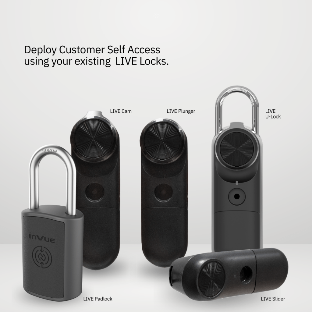 InVue LIVE Gamme de serrures compatibles avec le système « Customer Self-Access », comprenant notamment : LIVE Cam, LIVE Plunger, LIVE U-Lock , LIVE Padlock et LIVE Slider