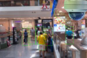 Caméra de surveillance IA suivant les clients dans un magasin de détail à des fins de prévention des pertes.