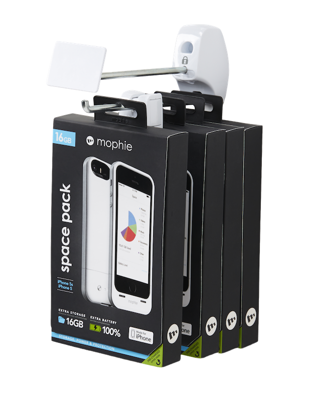 Boîte à accessoires pour téléphone suspendue à un crochet de sécurité InVue .