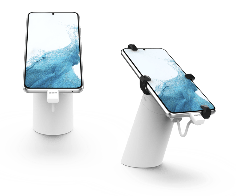 Deux OnePODs en blanc présentant des téléphones